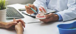 dentist showing tooth model to patient